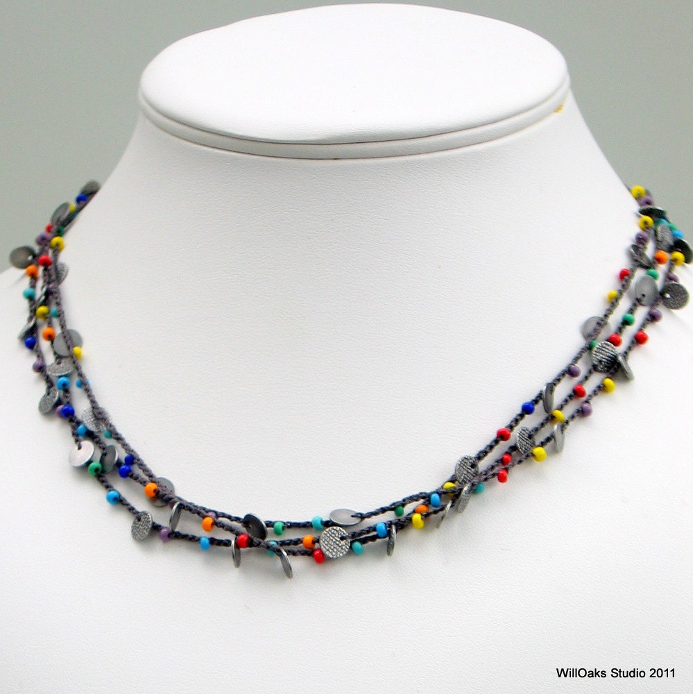 Beaded Crochet Necklace or Cuff, Multi-strand Silk with Antiqued Silver Disks and Multicolored Glass, Long Silk Chain