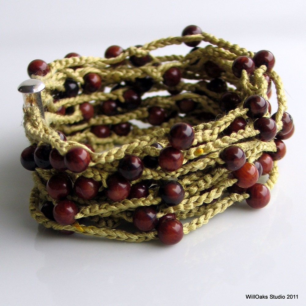 Crochet Bead Cuff, Silk Cuff Bracelet with Brown Bamboo Coral Beads, Pantone Color Bamboo