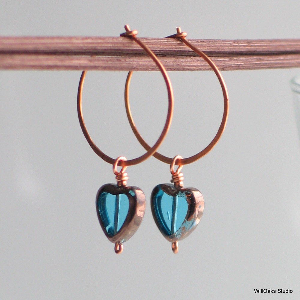 Teal Blue Heart Earrings, Heart Dangle Hoops, Czech Glass Heart on Handmade Copper Hoop Earrings, Heart Earrings for Giving