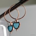Teal Blue Heart Earrings, Heart Dangle Hoops, Czech Glass Heart on Handmade Copper Hoop Earrings, Heart Earrings for Giving