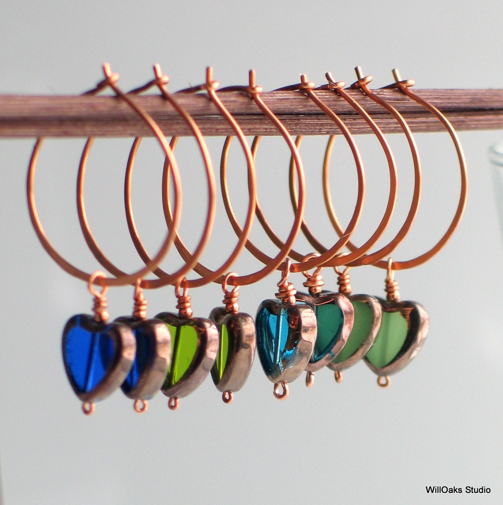 Teal Blue Heart Earrings, Heart Dangle Hoops, Czech Glass Heart on Handmade Copper Hoop Earrings, Heart Earrings for Giving
