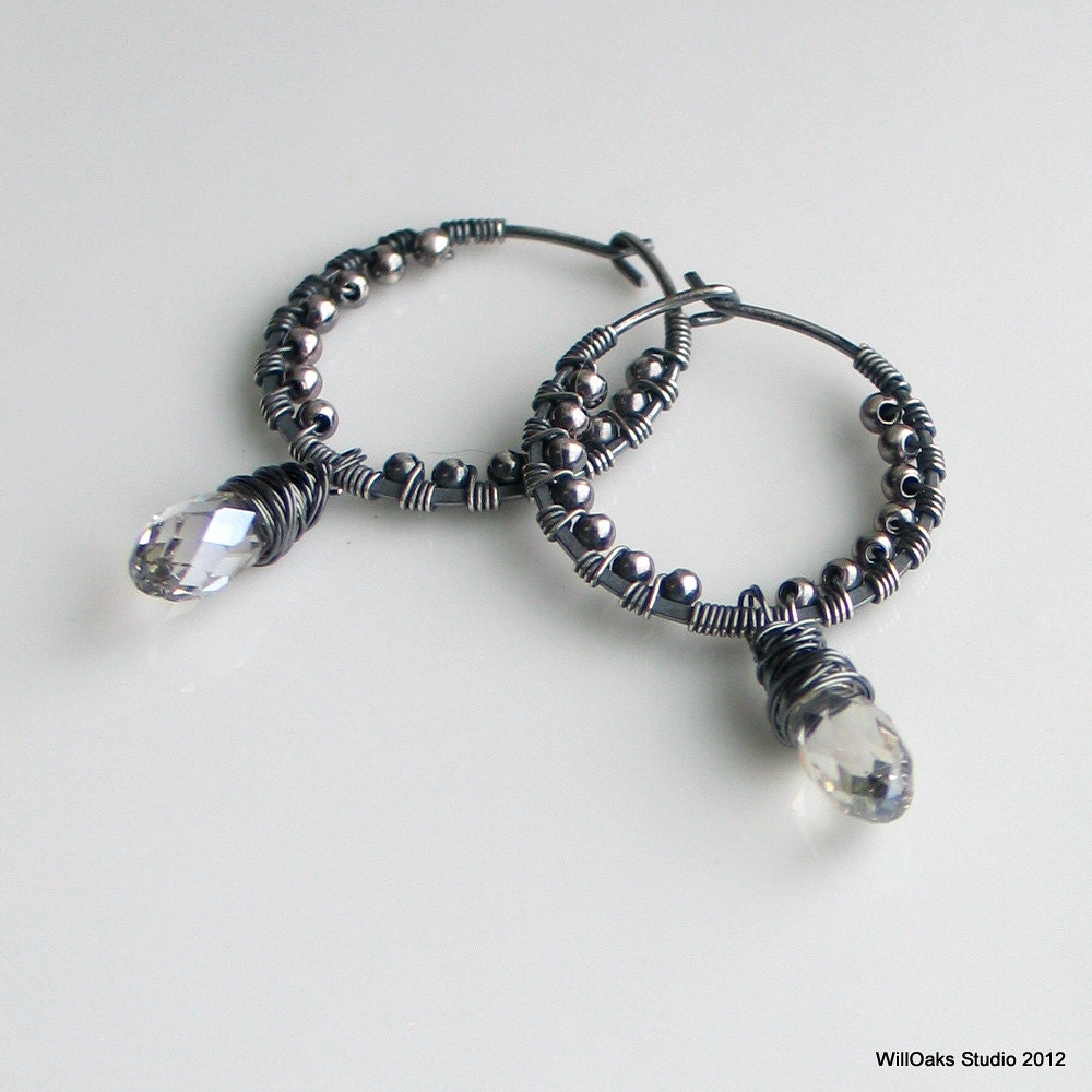 Palest Gray Crystal Drop on Silver Hoop, Handmade Textured Silver Hoop Earrings, Swarovski Silver Shade Dangles, Winter Fashion