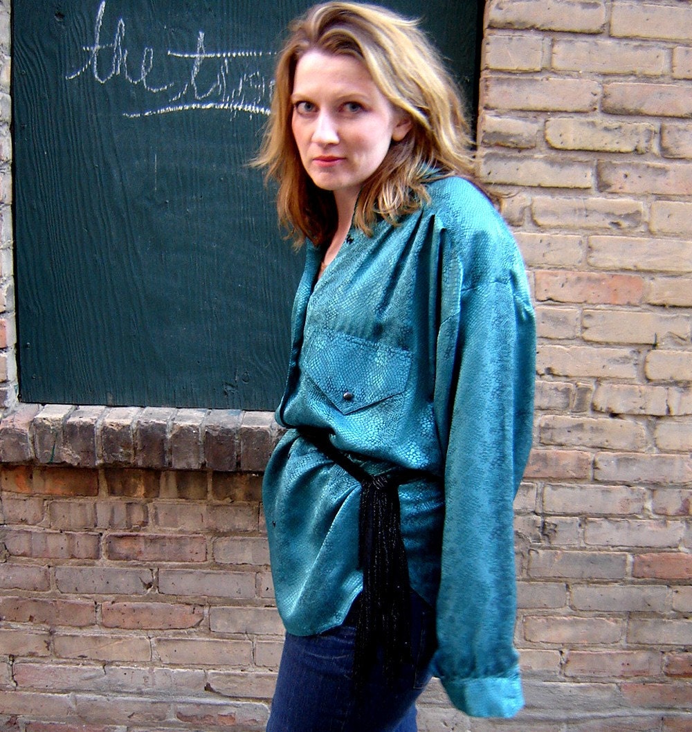 Plus Size Vintage 1980s Snake-Skin Dark Teal Blouse Size 22