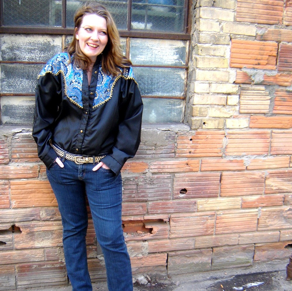 Plus Size Vintage Black and Turquoise Rodeo Blouse with Gold Detail and Brass Buttons 13\/14
