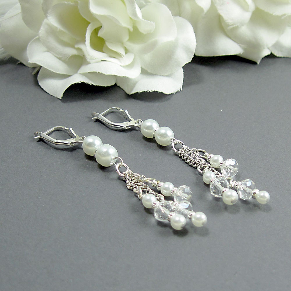 Crystal and Pearl Earrings - "Fire and Ice" Bridal Earrings w White Pearls, Wedding Jewelry, Cascade Drops, Long Earrings