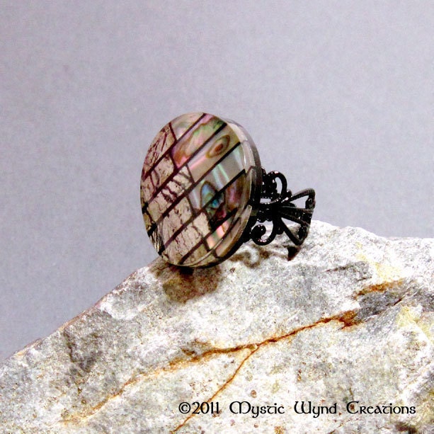 Shift: Adjustable Ring Featuring Abalone Shell Under Resin, Statement Ring with Abalone Seashell Mosaic