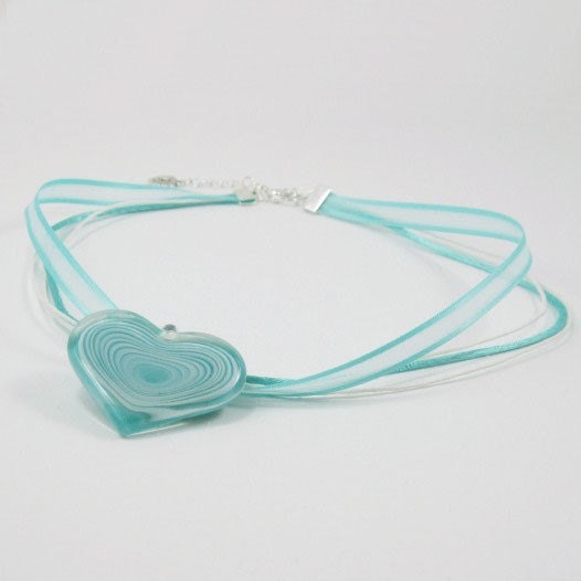 Glass Heart Necklace Aqua and White w Ribbon - Love Grows