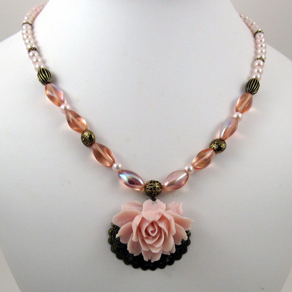 Pink Rose Floral Glass w Pearl Necklace - Claire
