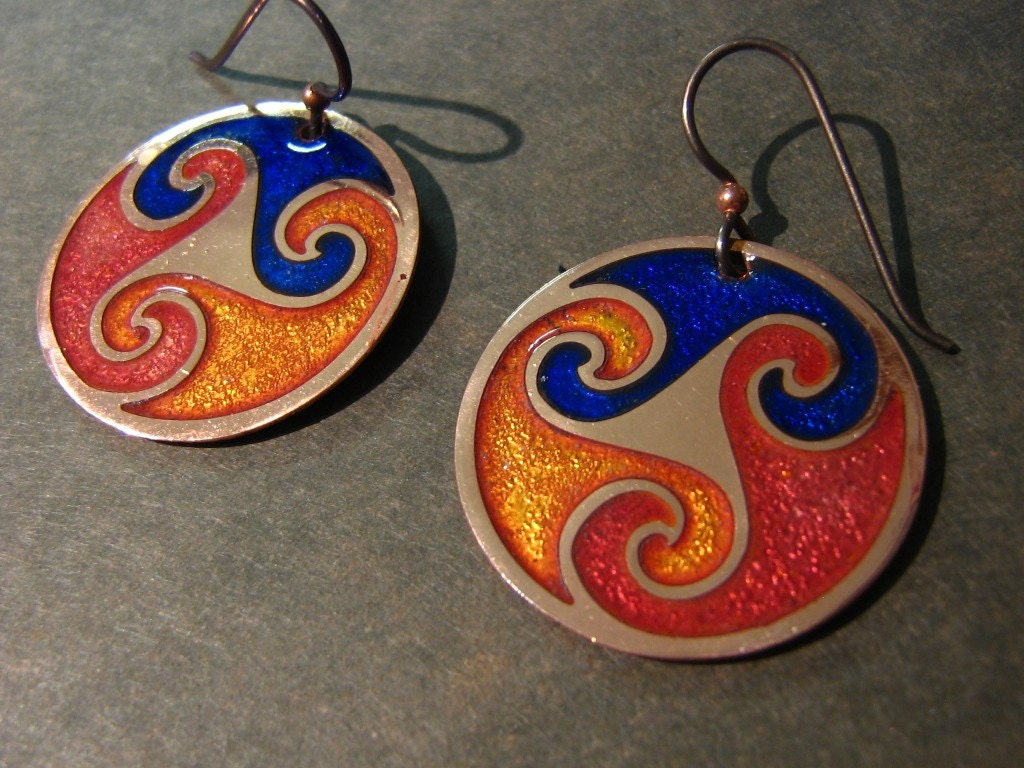 Triple Spiral Celtic Champleve Enamel Earrings