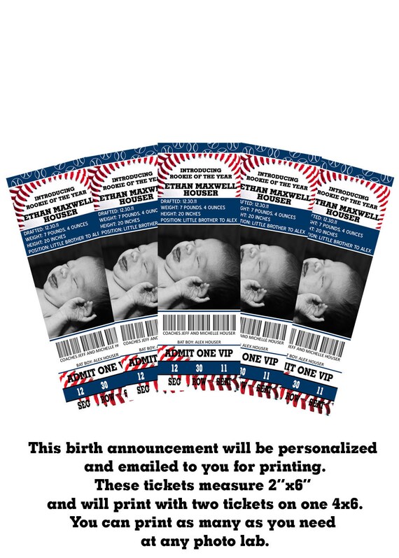 Baby announcement blue baseball ticket.