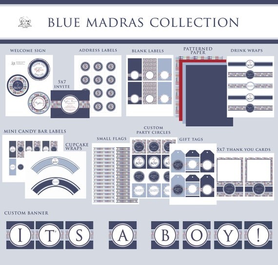 BABY SHOWER MADRAS Printable Party Decor Package and Invitation - Blue Il_570xn