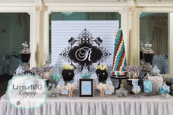 MONOGRAM SCROLL & STRIPE Printable Party Backdrop - up to 40" by 40" Il_570xn
