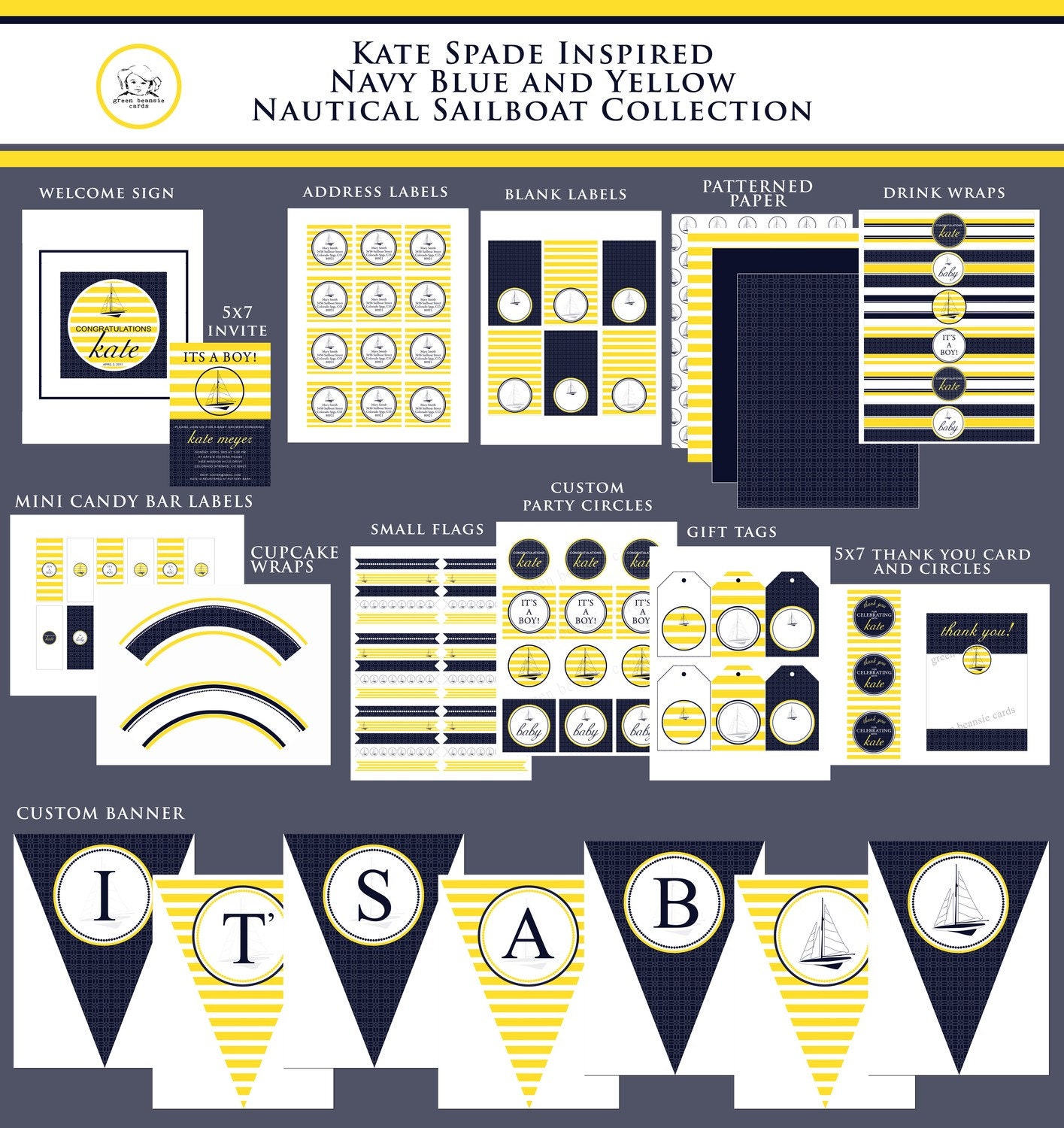 PREPPY NAUTICAL Printable Party Decor Package and Invitation - Navy and Yellow