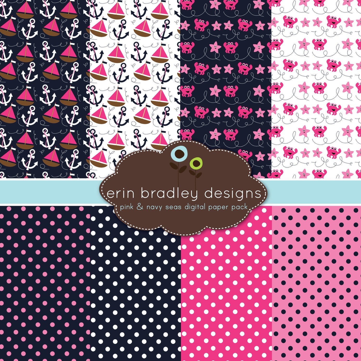 Nautical Digital Scrapbook Papers Personal and Commercial Use Preppy Pink and Navy Blue