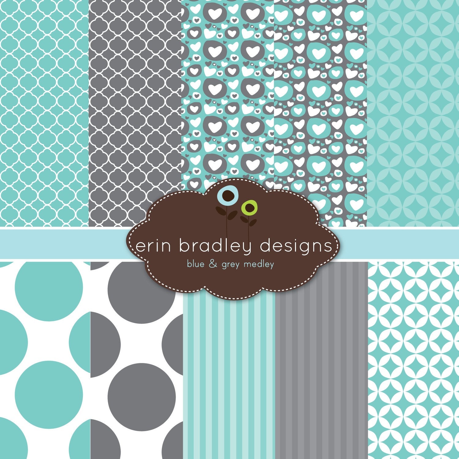 Digital Scrapbook Paper Personal and Commercial Use - Blue and Grey Medley