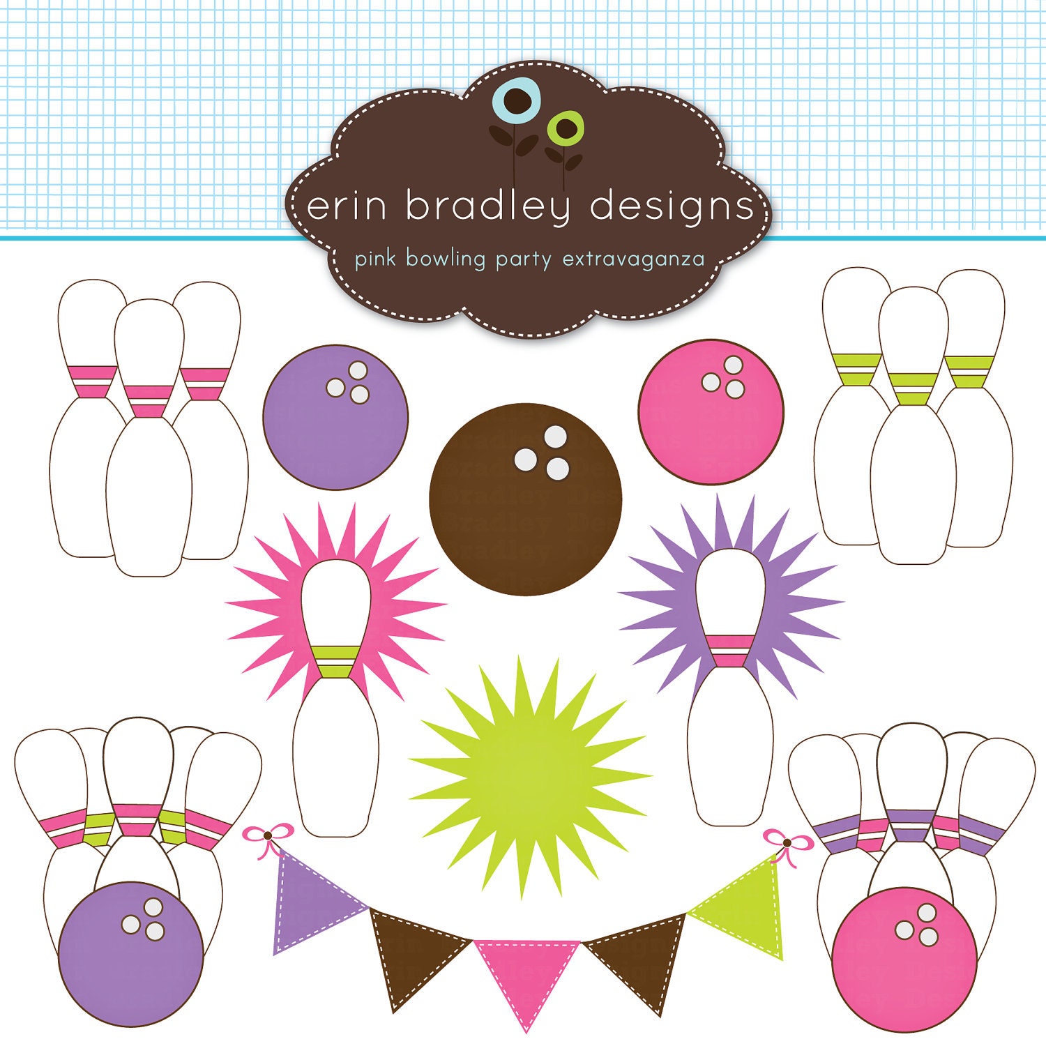 Pink Girls Bowling Clipart Clip Art Personal & Commercial Use Bowling Balls and Pins
