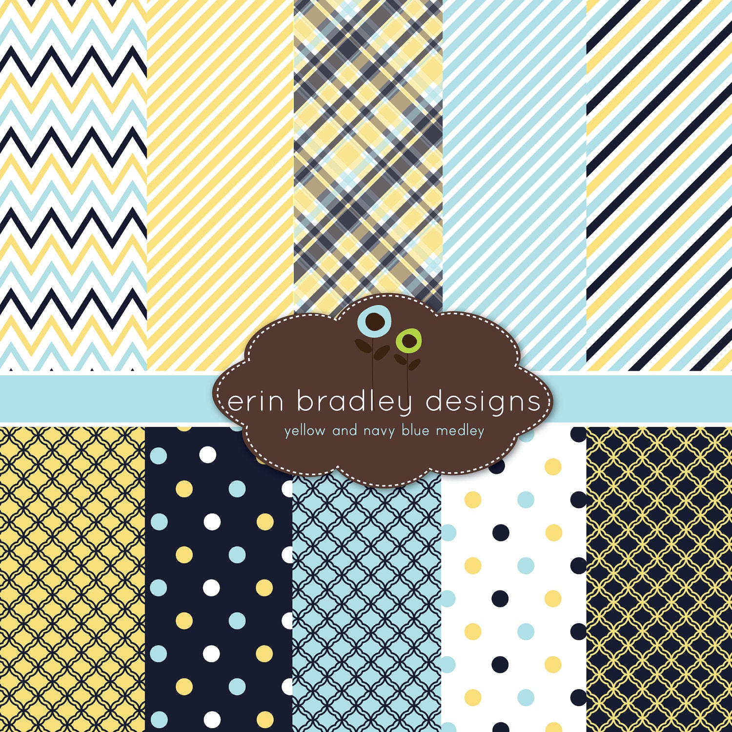 Yellow and Navy Blue Digital Paper Set Personal and Commercial Use
