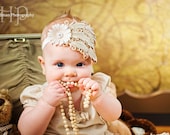 LUXE COUTURE Buttercream Feather Fascinator Headband - Ivory Golden Brown - Fits Babies and Toddlers