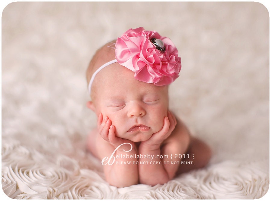 PINK SATIN Puff Rosette Fabric Flower Headband Spring Easter French Tulle Vintage Pearl - Babies Toddlers