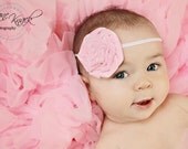 Pink Coiled Rosette Velvet Headband White Band Nylon Ultra Skinny Stretchy Valentines Day Photography Prop boutique Infant Newborn Girls