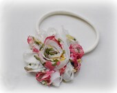 Shabby Chic Rosette Floral Ivory Pink Headband Infant Newborn Babies Toddlers Photography Prop Spring Boutique