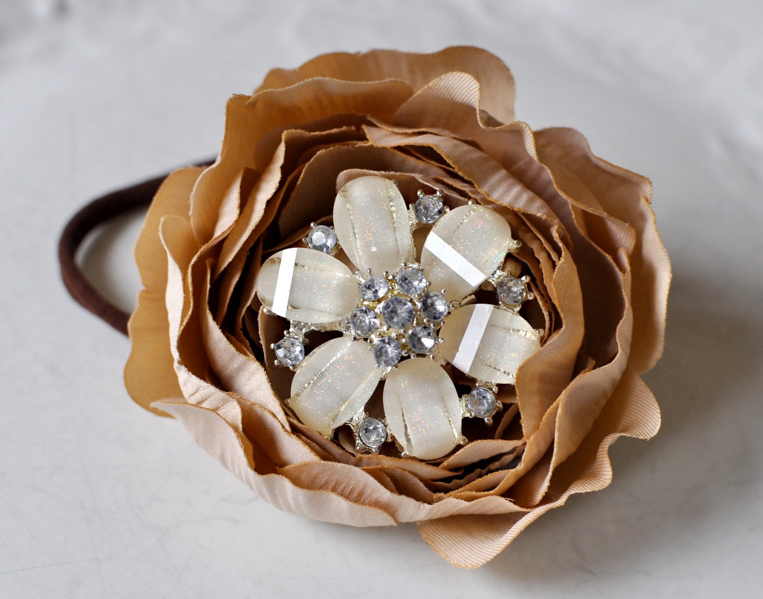 Ruffled Ranunculus Flower Headband - with AMAZING Ivory Flower Bling - Sandalwood - Brown - neutral Skinny Nylon Band - Photog Prop