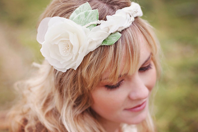 Wedding headband - Lovely  - wedding hair accessories - glamour silver wedding - crown - ivory flower bridal halo -  velvet leaves