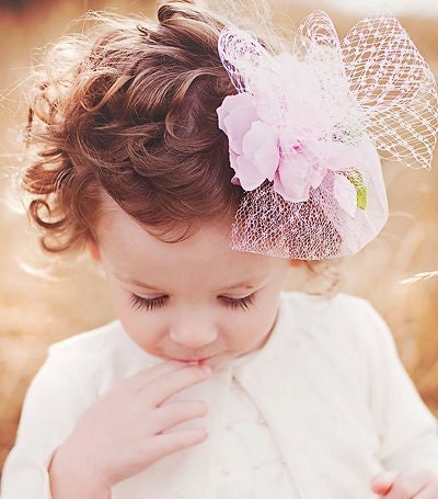 Wedding flower girl hair accessories - Flowergirl fascinator  - vintage tulle and veil bow   - little girl headband