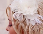 Wedding hair piece -  ivory flower bridal headpiece feather hair clip - Wedding Hair Accessories - vintage wedding