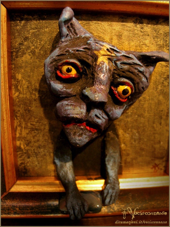 The Blue Agate cat (sad cat) ''-OOAK mixed media artwork sculpture painting -Windows on this world
