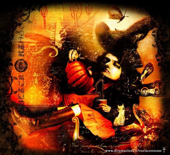Blackorange witch A3 - samhain halloween pumpkin cat tea