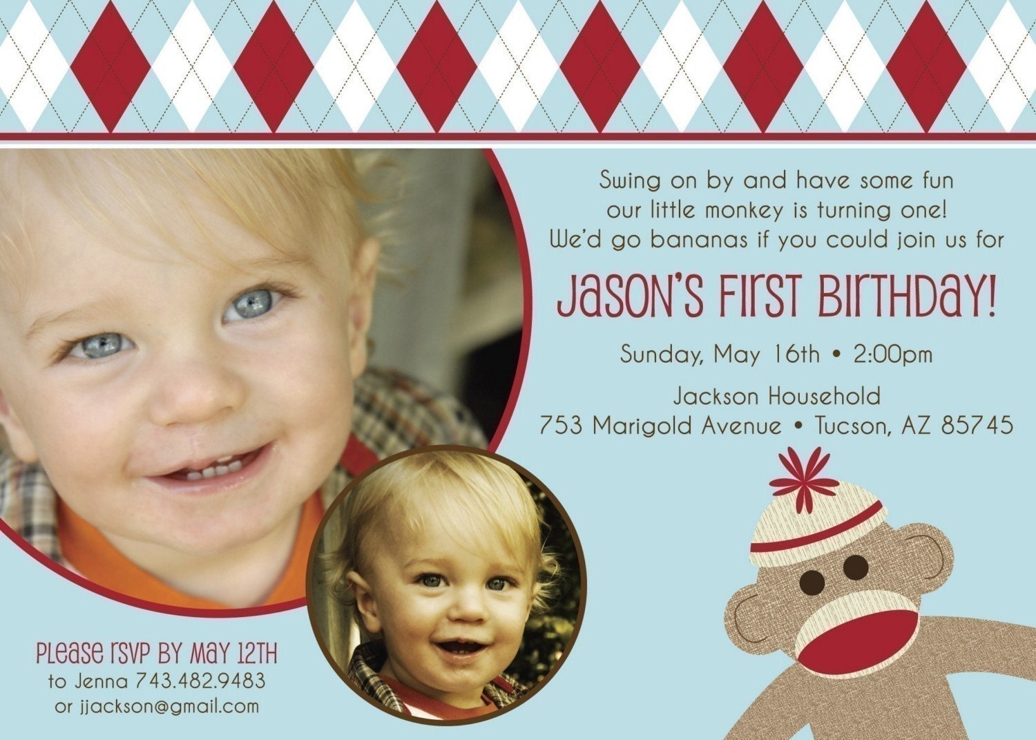 Sock Monkey Retro Argyle - Custom Photo Birthday Invitation for any Age Il_570xn