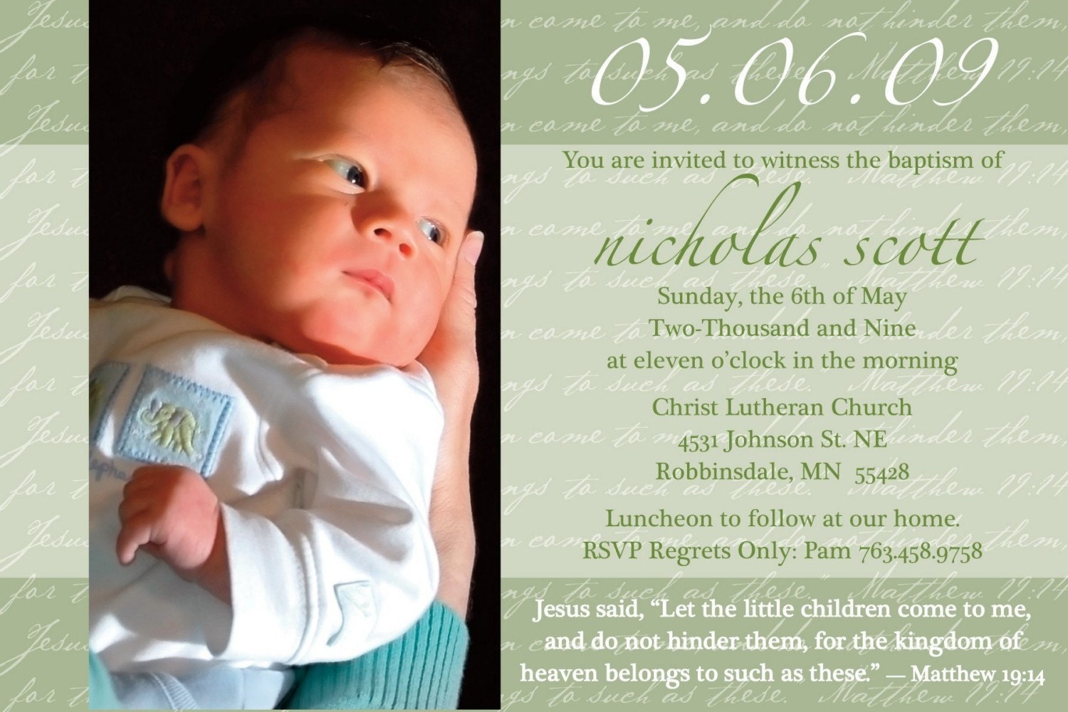 Matthew 19.14 - Custom Baptism Baby Dedication First Communion Christening Announcement or Invitation for boy or girl