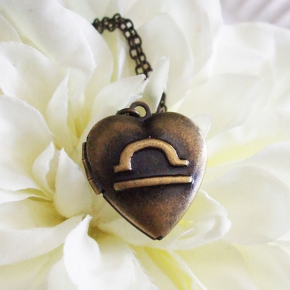 zodiac heart locket necklace . bronze . libra