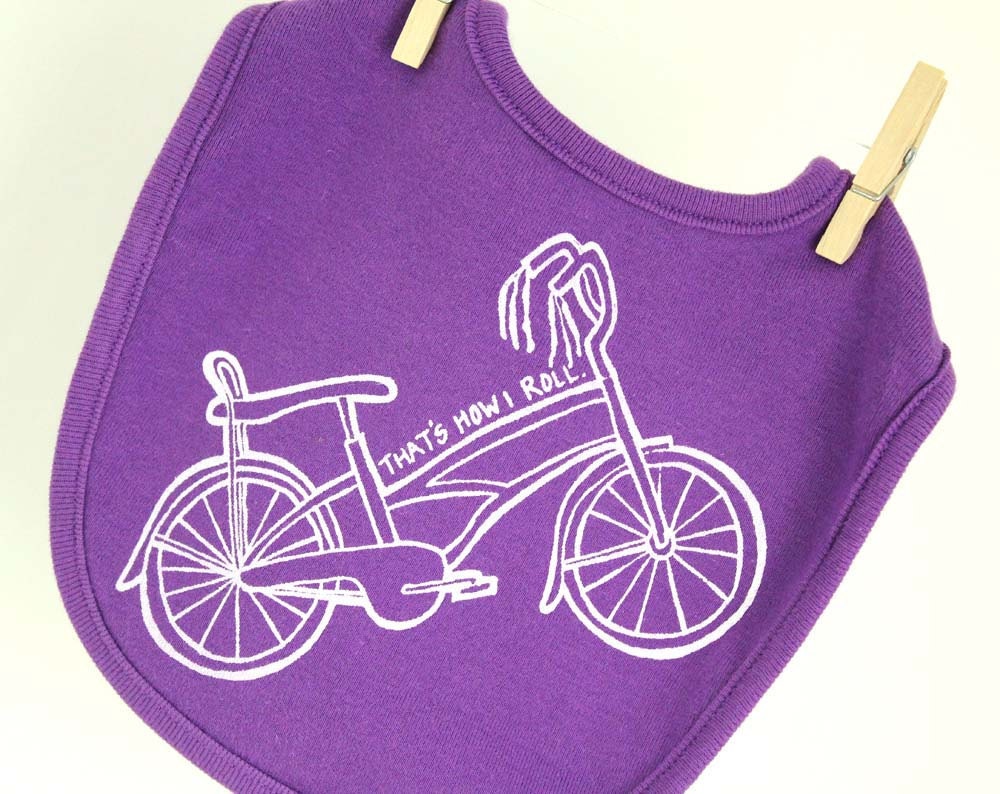 Organic bike baby bib that's how I roll, hand screen printed purple with white ink