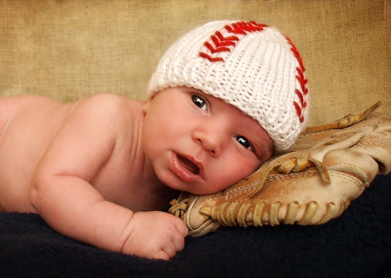 Baseball Baby Hat Beanie           Newborn Baby Photo Prop          Originally Designed & Made By Me