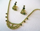 Rhinestone Necklace and Earrings Emerald Green Peridot  Vintage Costume Jewelry