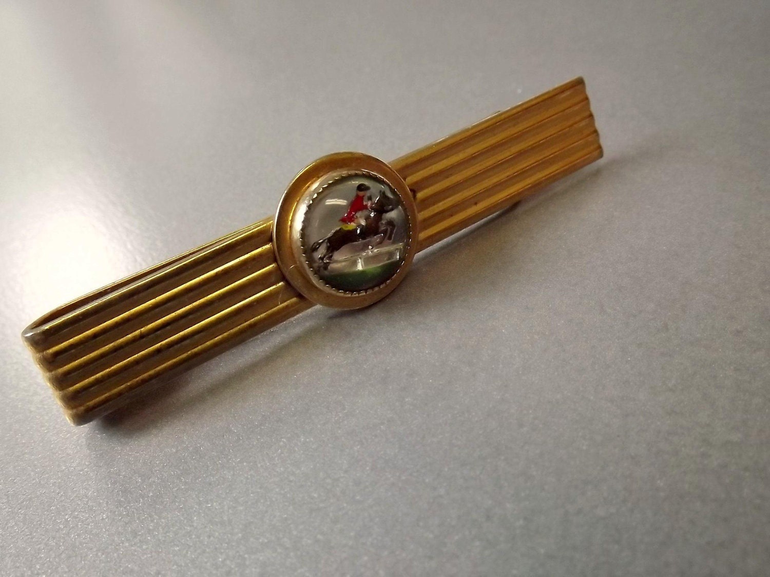 Tie Clip Bar Mens Reverse Painted Horse Jockey