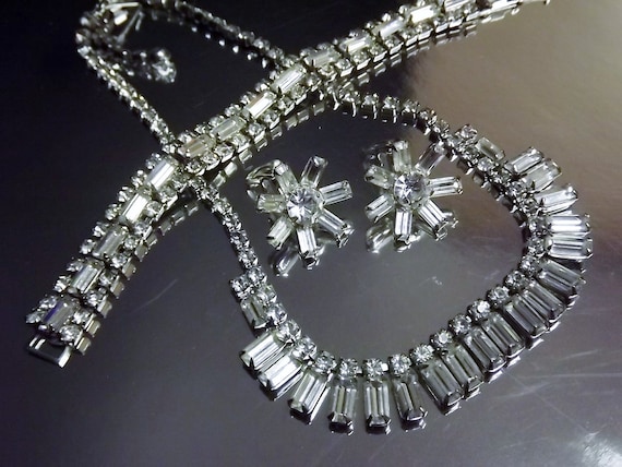 Vintage Rhinestone Set Necklace Bracelet Earrings 1950s Wedding Bridal Jewelry