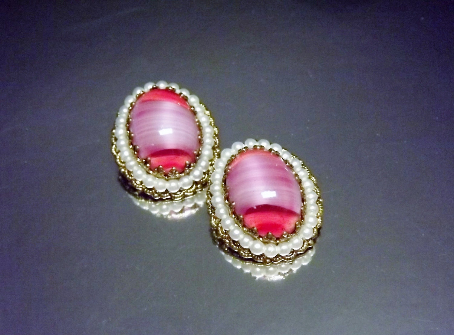 Vintage Pink Glass Clip Earrings - West German