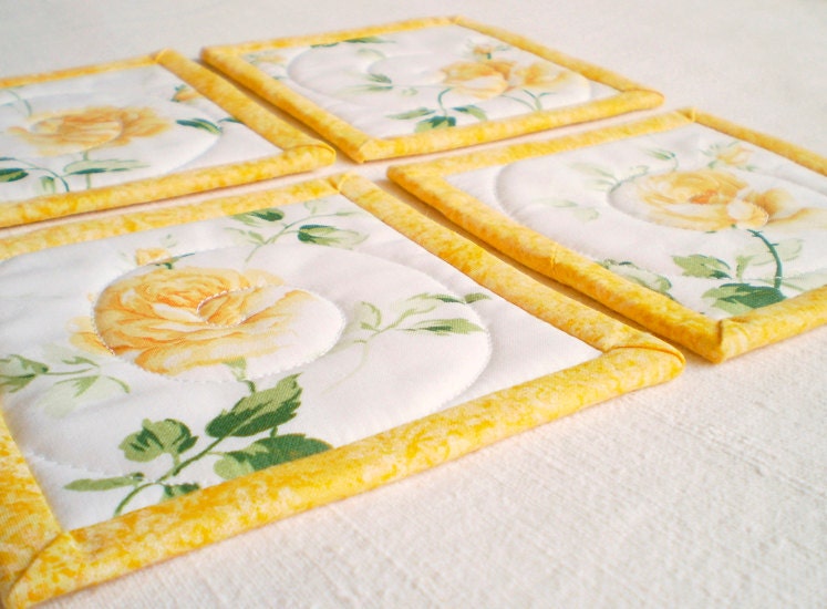 Quilted Fabric Coaster - Yellow Roses - Four of  Reversible Patchwork Mini Quilts Candle Mat Set - Yellow, Green and White