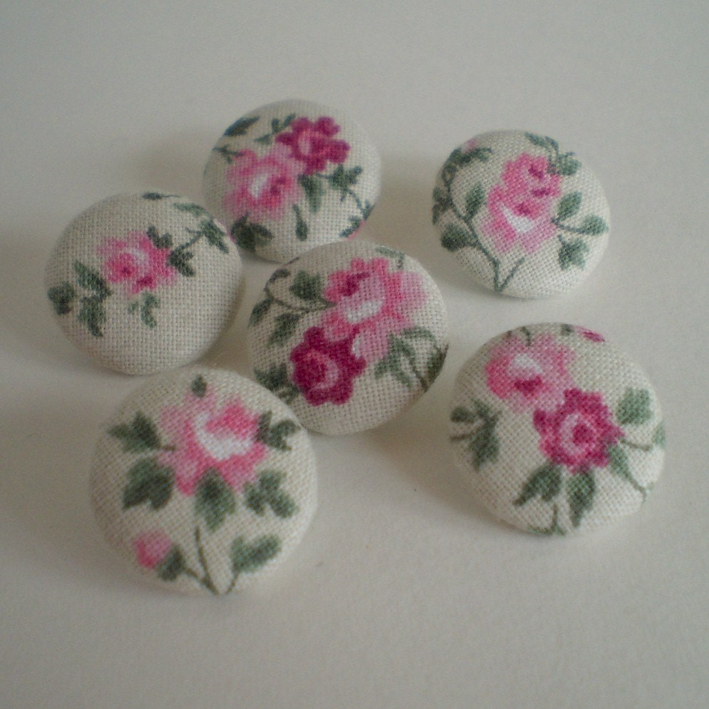 Fabric Buttons - Little Roses - 6 Small Pink, Green Roses and Flowers Fabric Covered Buttons