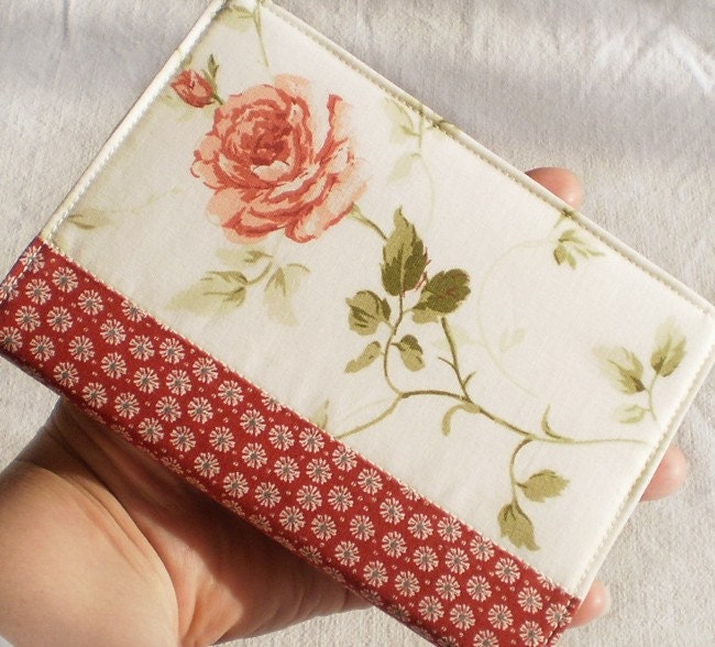 Fabric Journal Cover - Red Rose - Fabric A6 Notebook, Diary  - Pink Japanese Flowers on White