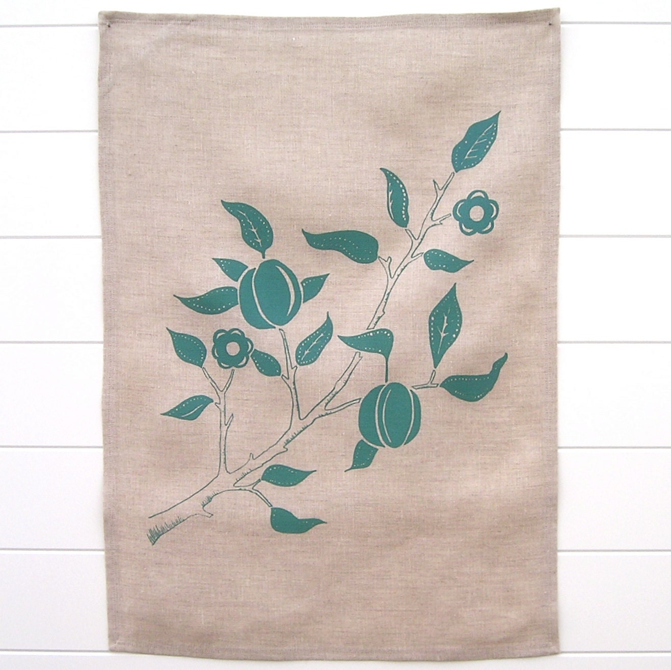 Linen Tea Towel - Turquoise Flowering Branch - Hand printed