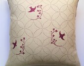 Throw Pillow - Natural Linen hand printed in purple and gold - Screen Printed Birds