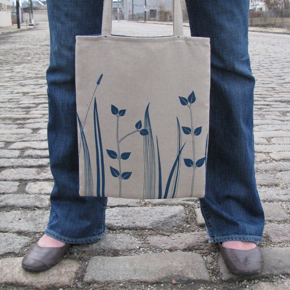 Tote Bag Screenprinted Teal Blue Botanical