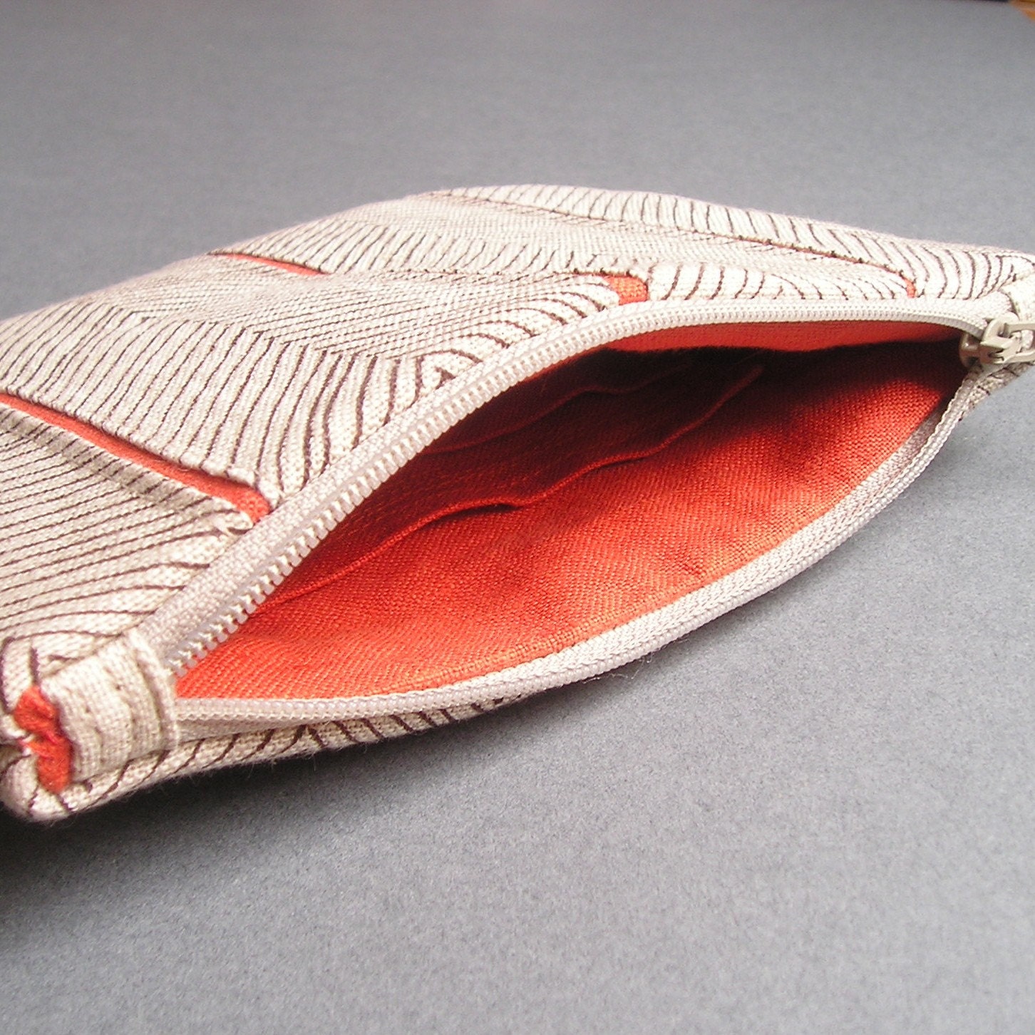 Clutch - Hand-printed linen - Chocolate/Orange Herringbone