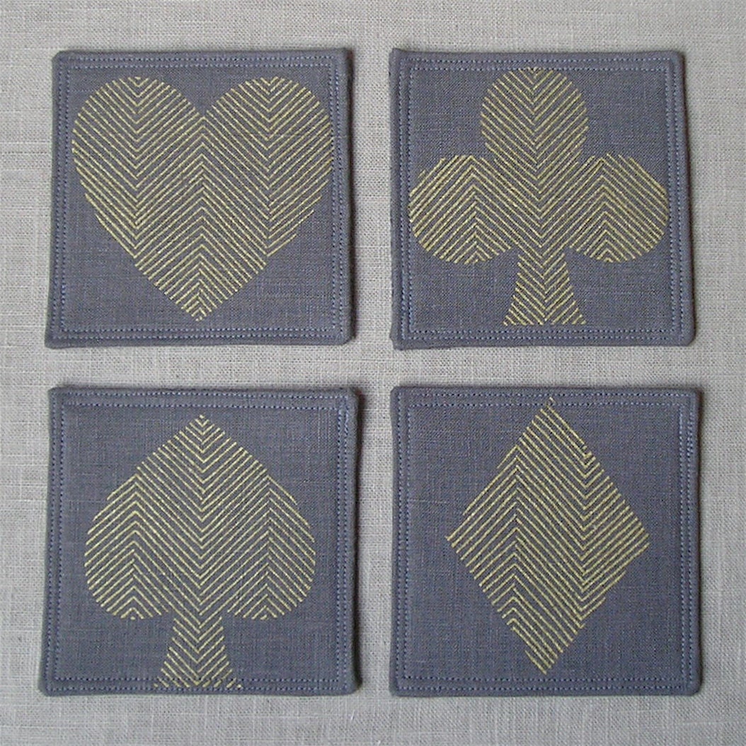 Coasters - Set of 4 - Gold and Gray - Linen and Wool - Herringbone Playing Card Suite