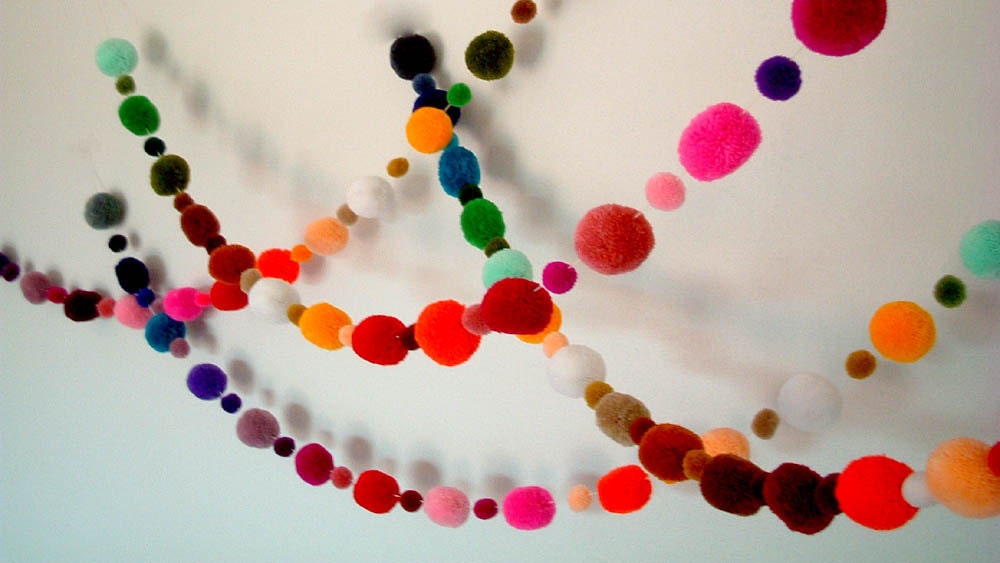 Party Yarn Pom Pom Garland, pom poms, beads, balls, scarf, purple, green, yellow, red, purple, orange, mobile, blue, brown, pink, 15 feet