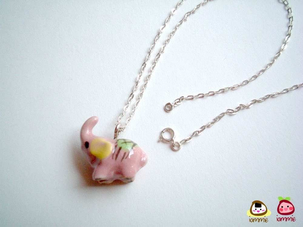 Miniature Light Purplish-Pink Ceramic Elephant Necklace, silver necklace, charm, miniature elephant, miniature animal, tiny, accessories